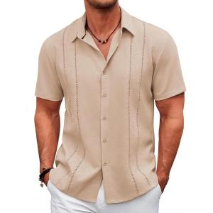 imageCOOFANDY Mens Cuban Guayabera Shirt Casual Short Sleeve Button Down Shirts Summer Beach ShirtsLight Khaki