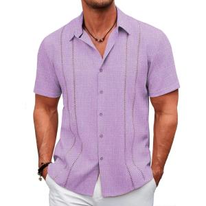 imageCOOFANDY Mens Cuban Guayabera Shirt Casual Short Sleeve Button Down Shirts Summer Beach ShirtsLight Purple