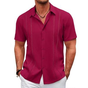 imageCOOFANDY Mens Cuban Guayabera Shirt Casual Short Sleeve Button Down Shirts Summer Beach ShirtsWine Red
