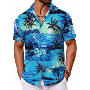 imageCOOFANDY Mens Hawaiian Shirt Short Sleeve Button Down Shirts Tropical Floral Summer Beach ShirtsLight Blue  Island Scenery