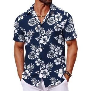 imageCOOFANDY Mens Hawaiian Shirt Short Sleeve Button Down Shirts Tropical Floral Summer Beach ShirtsNavy  Backyard Flowers