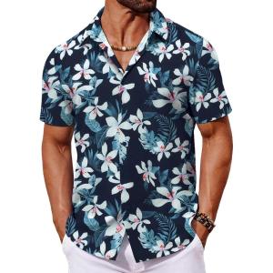 imageCOOFANDY Mens Hawaiian Shirt Short Sleeve Button Down Shirts Tropical Floral Summer Beach ShirtsNavy  Tropical Flower