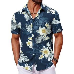 imageCOOFANDY Mens Hawaiian Shirt Short Sleeve Button Down Shirts Tropical Floral Summer Beach ShirtsNavy  White Floral
