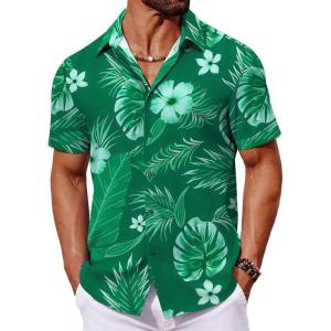 imageCOOFANDY Mens Hawaiian Shirt Short Sleeve Button Down Shirts Tropical Floral Summer Beach ShirtsTurquoise  Palm Leaf