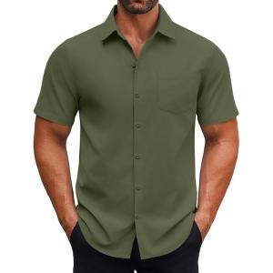 imageCOOFANDY Mens Button Down Shirts Short Sleeve Casual Dress Shirts Untucked Summer Shirt with PocketArmy Green