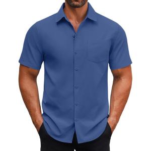 imageCOOFANDY Mens Button Down Shirts Short Sleeve Casual Dress Shirts Untucked Summer Shirt with PocketDenim Blue