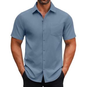 imageCOOFANDY Mens Button Down Shirts Short Sleeve Casual Dress Shirts Untucked Summer Shirt with PocketGrey Blue