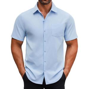 imageCOOFANDY Mens Button Down Shirts Short Sleeve Casual Dress Shirts Untucked Summer Shirt with PocketLight Blue