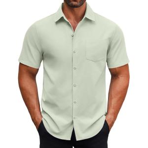 imageCOOFANDY Mens Button Down Shirts Short Sleeve Casual Dress Shirts Untucked Summer Shirt with PocketLight Green