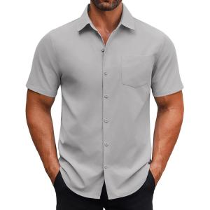 imageCOOFANDY Mens Button Down Shirts Short Sleeve Casual Dress Shirts Untucked Summer Shirt with PocketLight Grey