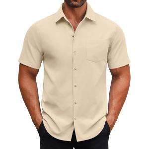 imageCOOFANDY Mens Button Down Shirts Short Sleeve Casual Dress Shirts Untucked Summer Shirt with PocketLight Khaki