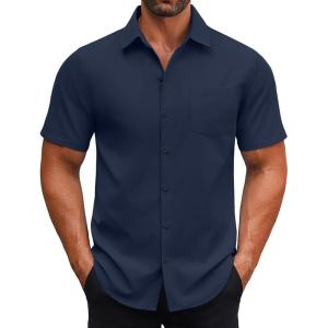 imageCOOFANDY Mens Button Down Shirts Short Sleeve Casual Dress Shirts Untucked Summer Shirt with PocketNavy Blue