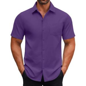 imageCOOFANDY Mens Button Down Shirts Short Sleeve Casual Dress Shirts Untucked Summer Shirt with PocketPurple