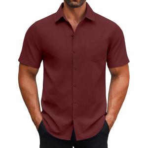 imageCOOFANDY Mens Button Down Shirts Short Sleeve Casual Dress Shirts Untucked Summer Shirt with PocketWine Red