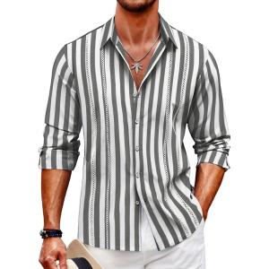 imageCOOFANDY Mens Cuban Guayabera Shirt Casual Button Down Shirts Long Sleeve Summer Beach ShirtsBlack Stripe