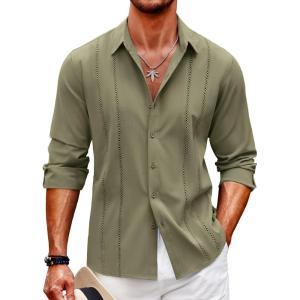 imageCOOFANDY Mens Cuban Guayabera Shirt Casual Button Down Shirts Long Sleeve Summer Beach ShirtsGreen