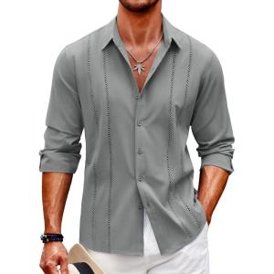 imageCOOFANDY Mens Cuban Guayabera Shirt Casual Button Down Shirts Long Sleeve Summer Beach ShirtsGrey