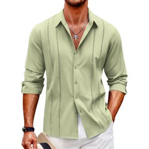 imageCOOFANDY Mens Cuban Guayabera Shirt Casual Button Down Shirts Long Sleeve Summer Beach ShirtsLight Green