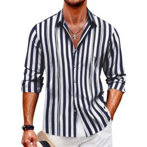 imageCOOFANDY Mens Cuban Guayabera Shirt Casual Button Down Shirts Long Sleeve Summer Beach ShirtsNavy Stripe
