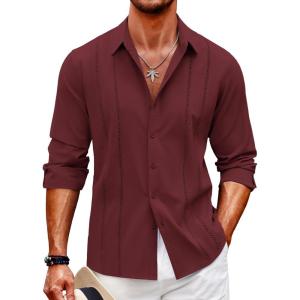 imageCOOFANDY Mens Cuban Guayabera Shirt Casual Button Down Shirts Long Sleeve Summer Beach ShirtsWine Red