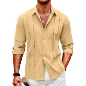 imageCOOFANDY Mens Cuban Guayabera Shirt Casual Button Down Shirts Long Sleeve Summer Beach ShirtsYellow
