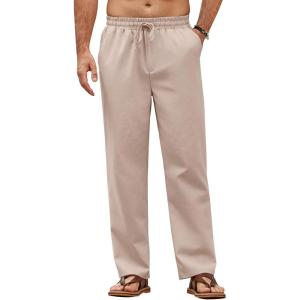 imageCOOFANDY Mens Casual Linen Pants Loose Fit Elastic Waist Drawstring Lightweight Pant Summer Beach TrousersKhaki