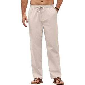 imageCOOFANDY Mens Casual Linen Pants Loose Fit Elastic Waist Drawstring Lightweight Pant Summer Beach TrousersLight Khaki