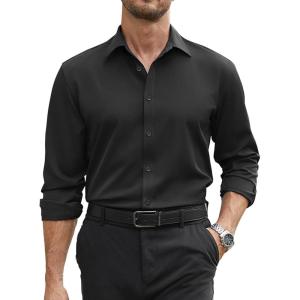 imageCOOFANDY Mens Stretch Dress Shirts Long Sleeve Button Down Shirt Regular Fit Formal Business ShirtsA Black