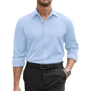 imageCOOFANDY Mens Stretch Dress Shirts Long Sleeve Button Down Shirt Regular Fit Formal Business ShirtsLight Blue