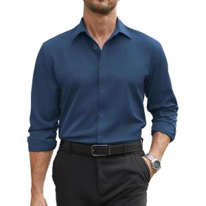 imageCOOFANDY Mens Stretch Dress Shirts Long Sleeve Button Down Shirt Regular Fit Formal Business ShirtsNavy