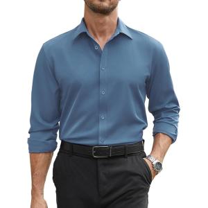 imageCOOFANDY Mens Stretch Dress Shirts Long Sleeve Button Down Shirt Regular Fit Formal Business ShirtsSteel Blue