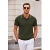 imageCOOFANDY Mens Knit Polo Shirts Casual Short Sleeve Button Down Polo Shirt Classic Golf ShirtsArmy Green White Striped