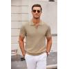 imageCOOFANDY Mens Knit Polo Shirts Casual Short Sleeve Button Down Polo Shirt Classic Golf ShirtsKhaki White Striped
