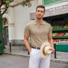imageCOOFANDY Mens Knit Polo Shirts Casual Short Sleeve Button Down Polo Shirt Classic Golf ShirtsKhaki White Striped