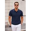 imageCOOFANDY Mens Knit Polo Shirts Casual Short Sleeve Button Down Polo Shirt Classic Golf ShirtsNavy Blue White Striped