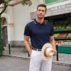 imageCOOFANDY Mens Knit Polo Shirts Casual Short Sleeve Button Down Polo Shirt Classic Golf ShirtsNavy Blue White Striped