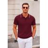 imageCOOFANDY Mens Knit Polo Shirts Casual Short Sleeve Button Down Polo Shirt Classic Golf ShirtsWine Red White Striped