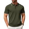 imageCOOFANDY Mens Knit Polo Shirts Casual Short Sleeve Button Down Polo Shirt Classic Golf ShirtsArmy Green White Striped