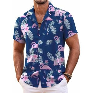 imageCOOFANDY Mens Hawaiian Shirt Short Sleeve Floral Button Down Shirts Tropical Summer Beach Shirts Camp Collar ShirtBlueflamingo