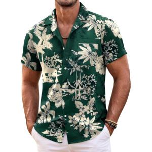 imageCOOFANDY Mens Hawaiian Shirt Short Sleeve Floral Button Down Shirts Tropical Summer Beach Shirts Camp Collar ShirtGreen Palm Tree