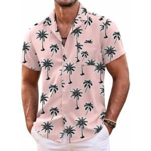 imageCOOFANDY Mens Hawaiian Shirt Short Sleeve Floral Button Down Shirts Tropical Summer Beach Shirts Camp Collar ShirtPinkcoconut Tree