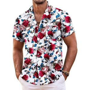 imageCOOFANDY Mens Hawaiian Shirt Short Sleeve Floral Button Down Shirts Tropical Summer Beach Shirts Camp Collar ShirtRed Rose