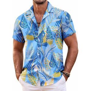 imageCOOFANDY Mens Hawaiian Shirt Short Sleeve Floral Button Down Shirts Tropical Summer Beach Shirts Camp Collar ShirtSky Blue Palm Leaf