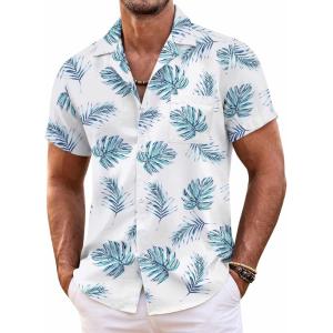 imageCOOFANDY Mens Hawaiian Shirt Short Sleeve Floral Button Down Shirts Tropical Summer Beach Shirts Camp Collar ShirtWhite Palm Leaf