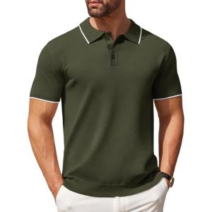 imageCOOFANDY Mens Knit Polo Shirts Casual Short Sleeve Button Down Polo Shirt Classic Golf ShirtsArmy Green White Striped