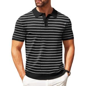 imageCOOFANDY Mens Knit Polo Shirts Casual Short Sleeve Button Down Polo Shirt Classic Golf ShirtsBblackWhite Striped