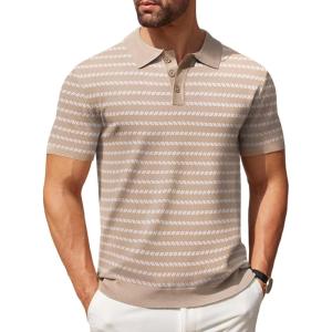 imageCOOFANDY Mens Knit Polo Shirts Casual Short Sleeve Button Down Polo Shirt Classic Golf ShirtsBkhakiWhite Striped
