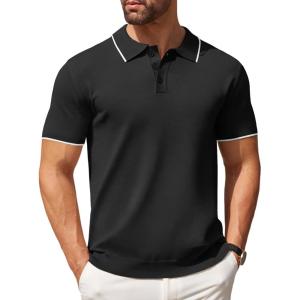 imageCOOFANDY Mens Knit Polo Shirts Casual Short Sleeve Button Down Polo Shirt Classic Golf ShirtsBlack White Striped