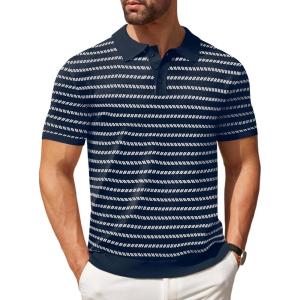 imageCOOFANDY Mens Knit Polo Shirts Casual Short Sleeve Button Down Polo Shirt Classic Golf ShirtsBnavy BlueWhite Striped