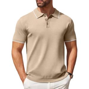 imageCOOFANDY Mens Knit Polo Shirts Casual Short Sleeve Button Down Polo Shirt Classic Golf ShirtsKhaki White Striped